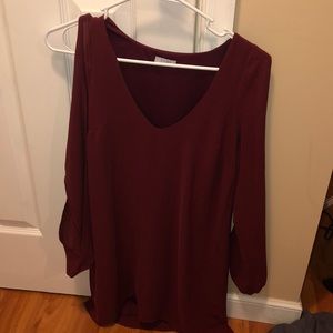 Burgundy dress.